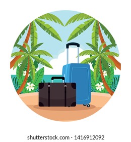 Beach with travel luggage scenery round icon cartoons vector illustration graphic design