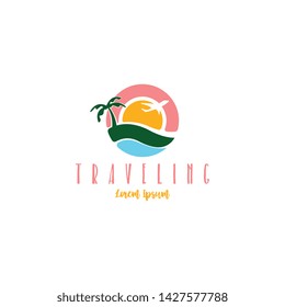 Beach traveling logo template vector. The logo of the trip to the beach in the summer to enjoy a summer vacation