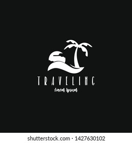 Beach traveling logo template vector in black and white. The logo of the trip to the beach in the summer to enjoy a summer vacation