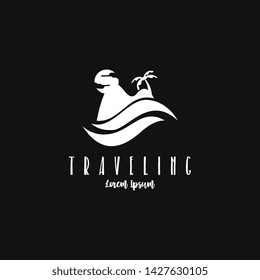 Beach traveling logo template vector in black and white. The logo of the trip to the beach in the summer to enjoy a summer vacation