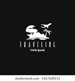 Beach traveling logo template vector in black and white. The logo of the trip to the beach in the summer to enjoy a summer vacation