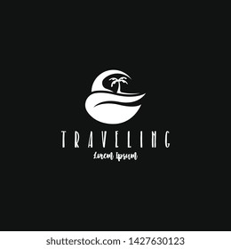 Beach traveling logo template vector in black and white. The logo of the trip to the beach in the summer to enjoy a summer vacation