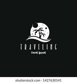 Beach traveling logo template vector in black and white. The logo of the trip to the beach in the summer to enjoy a summer vacation