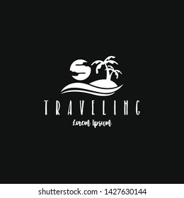 Beach traveling logo template vector in black and white. The logo of the trip to the beach in the summer to enjoy a summer vacation
