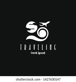 Beach traveling logo template vector in black and white. The logo of the trip to the beach in the summer to enjoy a summer vacation