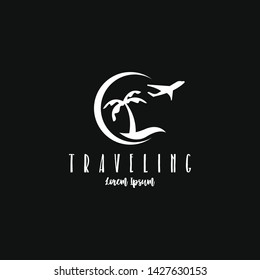 Beach traveling logo template vector in black and white. The logo of the trip to the beach in the summer to enjoy a summer vacation