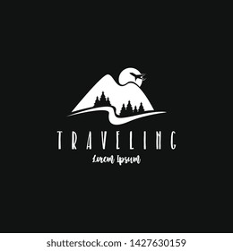 Beach traveling logo template vector in black and white. The logo of the trip to the beach in the summer to enjoy a summer vacation