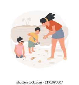 Beach treasure hunt isolated cartoon vector illustration. Beach scavenger hunt, kids and parents collecting shells and rocks, family on holiday, children seaside activity vector cartoon.