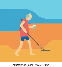 Beach Treasure Hunter Character Using Metal Detector on Yellow Background. Minimal Color Flat Illustration.