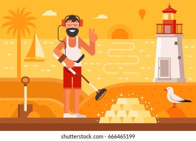 Beach treasure hunter using metal detector on seashore background.  Success and winning new possibilities concept. Smiling beard summer man finding gold bars on sea coast with lighthouse by sunset.