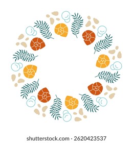 Quadro de Tesouros da Praia. Coroa desenhada à mão elegante com conchas algas marinhas pedras bolhas em cores suaves. Projeto de Spa de casamento costeiro. Ilustração vetorial