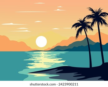 beach with tree vector landscape design illustration