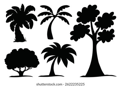 
Beach trees silhouettes set isolated flat vector illustration on white background.