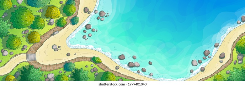 Beach With Trees And Stones, Top View. Hand Drawn Vector Illustration With Separate Layers.