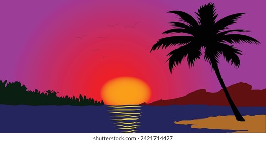 Beach tropical background. Evening palm tree black silhouette, coastline and sunset vector backdrop