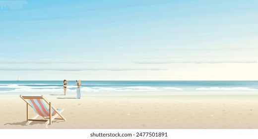 Beach with tropical blue sea and blue sky background have beach chair and far away have woman taking a picture to her friend in bikini suit graphic illustration.