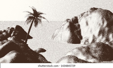 Beach or tropical coast landscape with palm tree and mountains over the sea in retro dotwork style
