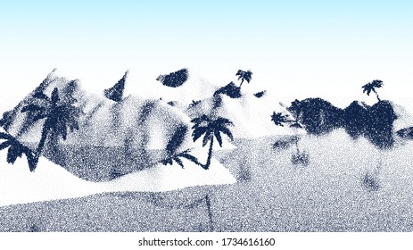 Beach or tropical coast landscape with palm tree and mountains over the sea in retro dotwork style