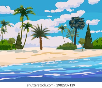 Tropische Insel am Strand, Palmen und Pflanzen. Coast exotischen Ozean Meer, Resort Badeort Sommerzeit Blick. Vektorgrafik