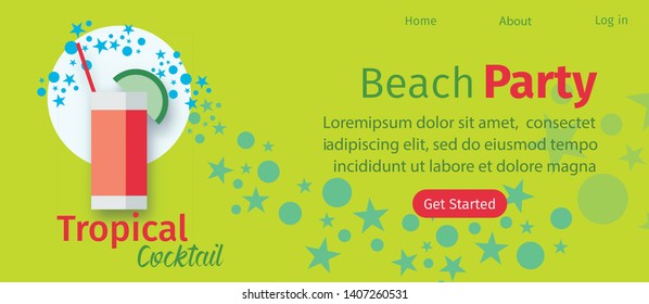 Beach Tropical Party Website Flat Vector Template. Lettering with Text Space. Seaside Club Landing Page. Highball Glass with Cocktail, Fresh Drink, Lemonade, Aperitif. Web Page Banner Layout