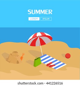 Beach and tropical sea. Active rest at sea with umbrellas. Family beach vacation, beach chair. Parasol over the sun lounger next to the sand castle. Vector illustration