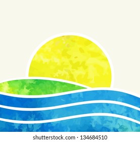 Beach and tropical sea with bright sun. Vector watercolor illustration.