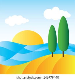 Beach and  tropical sea with bright sun. Vector illustration