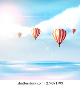 Beach and tropical sea with bright sun and hot airballoon on blue sky. Photorealistic Vector (not Traced)