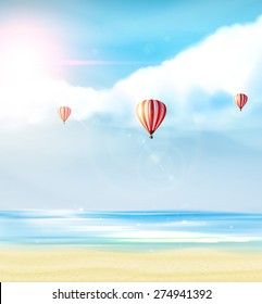 Beach and tropical sea with bright sun and hot air balloon on blue sky. Photorealistic Vector (not Traced)