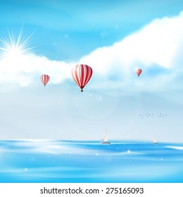 Beach and tropical sea with bright sun and hot airballoon on blue sky. Photorealistic Vector (not Traced)