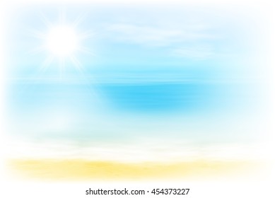 Beach and tropical sea with bright sun. EPS10 vector.