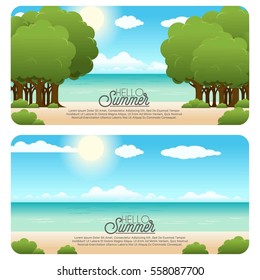 Beach and tropical sea with bright sun template. Flayer design collection. Vector illustration banner set