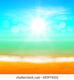 Beach and tropical sea with bright sun. Sea summer background. EPS10 vector.