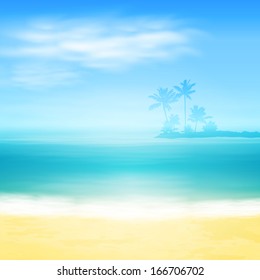 Beach and tropical sea with island and palm trees. EPS10 vector.