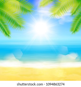 Beach and tropical sea with palmtree leaves