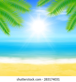 Beach and tropical sea with palmtree leaves. EPS10 vector.