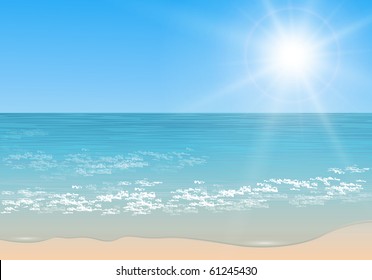 Beach and tropical sea with sun, vector.