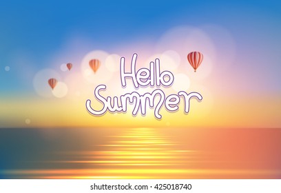 Beach and tropical sea with sunset and hot airballoon on blue sky. Photorealistic Vector 