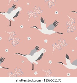 Beach tropical seamless pattern with cranes and Japonic ornament