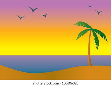 A beach in a tropical setting during sundown or sunrise.