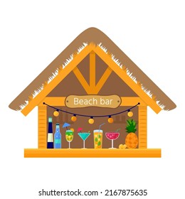 Beach tropical tiki bar with fruit shakes, alcohol drinks and exotic cocktails. Summer vacation concept. Cafe, bungalows on the ocean coast. Flat vector illustration