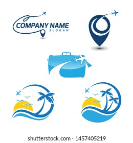 Beach and tropical Traveling logo set vector. Air travel company. Holiday tour travel on air plane