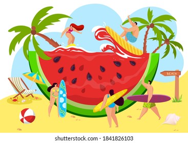 Beach tropical watermelon, fat people at summer holiday vector illustration. Fun vacation travel cartoon sea background, woman man tourism concept. Activity at sea, sun, happy leisure time.