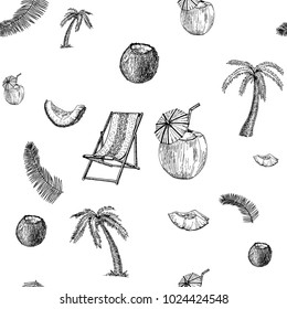 Beach and Tropics sketch seamless pattern. Vacation hand drawn background.