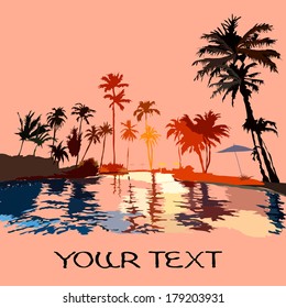 Beach in the tropics at sunset, picture with space for text, vektor illustration.