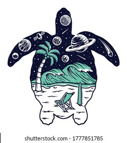 playa en una silueta de tortuga, ilustración vectorial