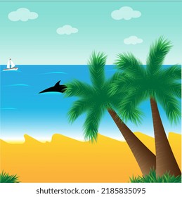 О playa с mar con dos palmeras que dominan el barco y el delfín