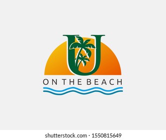 Beach U Letter Icon. Sunset and Palm Tree Letter U Logo Icon. Perfect for surfing shop, sport, Tour and Travel. Initial U with sea wave and palm tree.