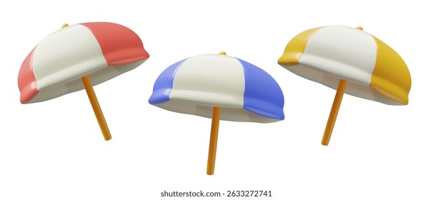 Beach umbrella 3d vector icons. Red, yellow and blue pool sunshade illustrations isolated on white background.