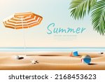 Beach umbrella with beach accessories on daytime. Summer outdoor concept. Vector illustration